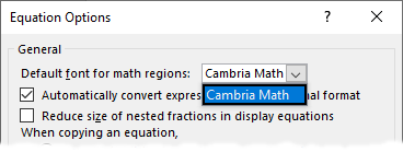 Microsoft Word Equation Options Dialog