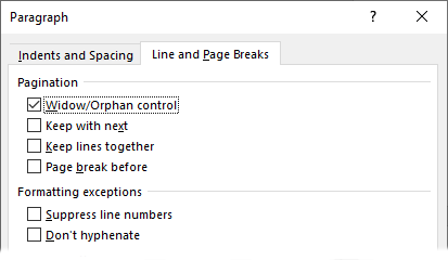 Microsoft Word Paragraph dialog - Line and Page Breaks tab