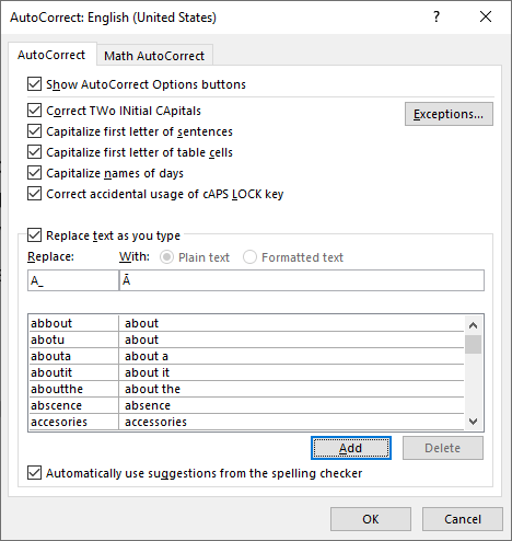 Word AutoCorrect dialog