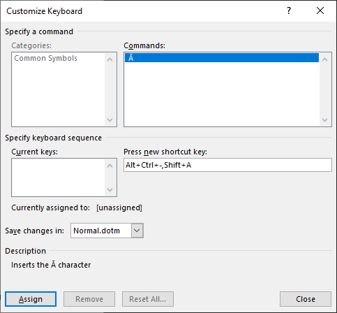 Word Customize Keyboard dialog