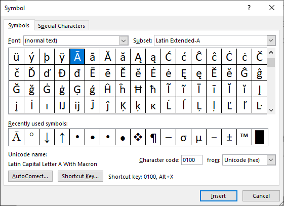 Word Symbol dialog