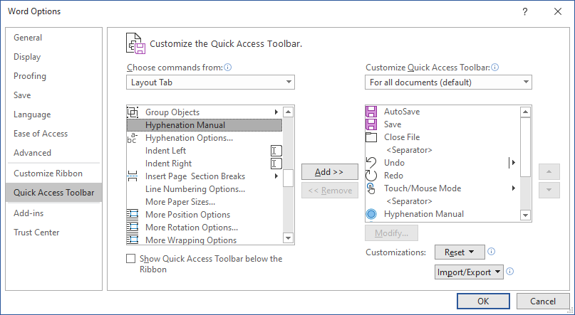 Microsoft Word Options QAT