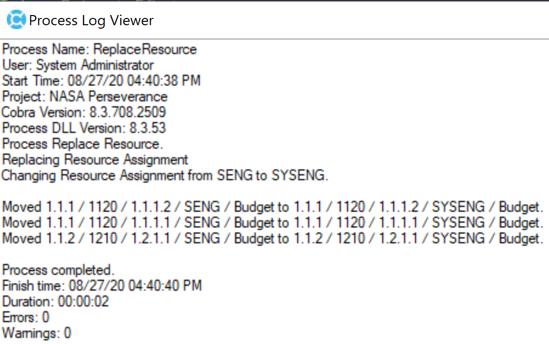 Deltek Cobra Process Log View
