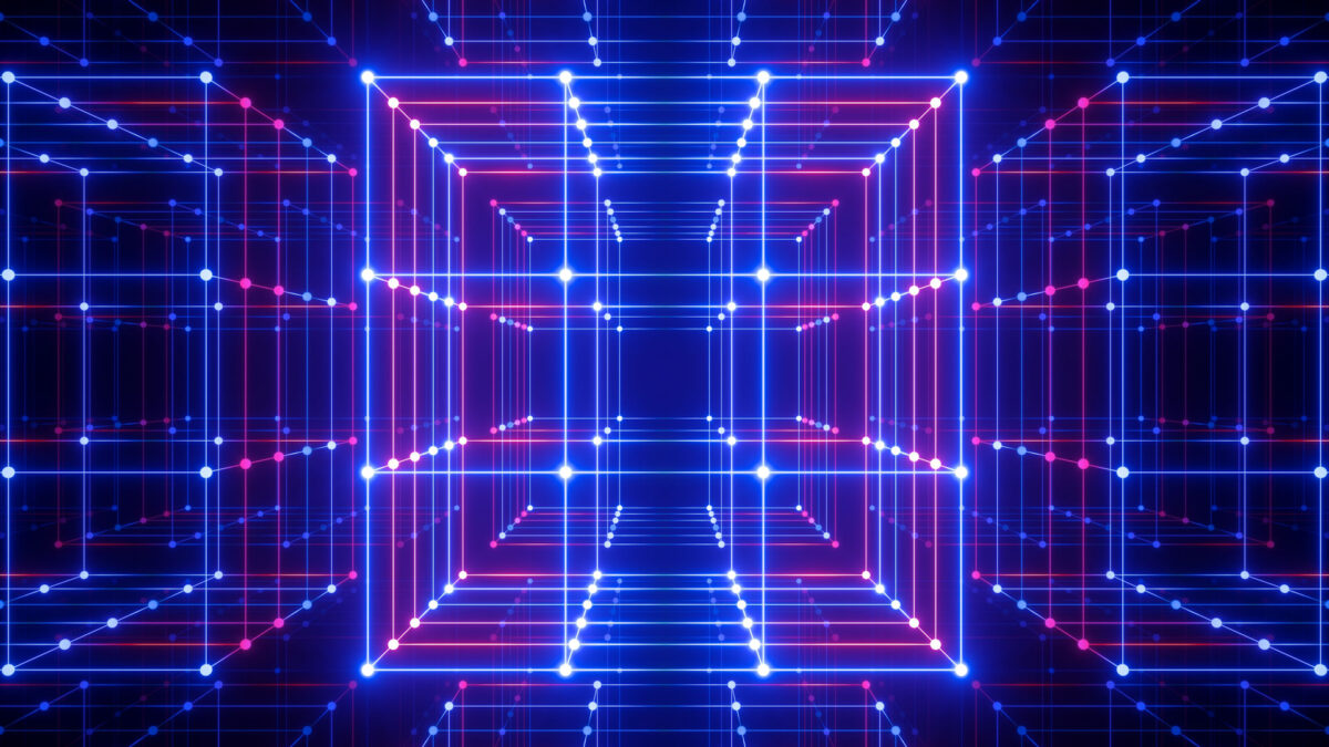 3D neon cube symbolizing information and intelligence