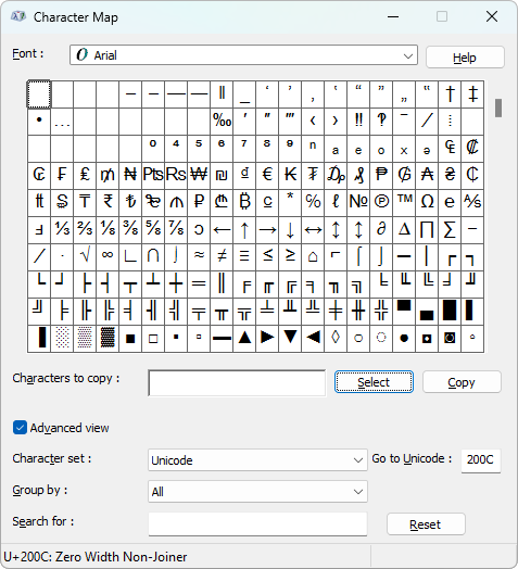 Windows Character Map dialog